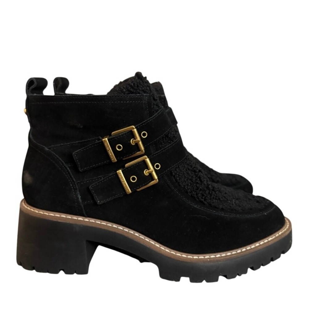 NWOB Vince Camuto Black Suede Faux Shearling Lug Sole Buckle Ankle Boots 10M